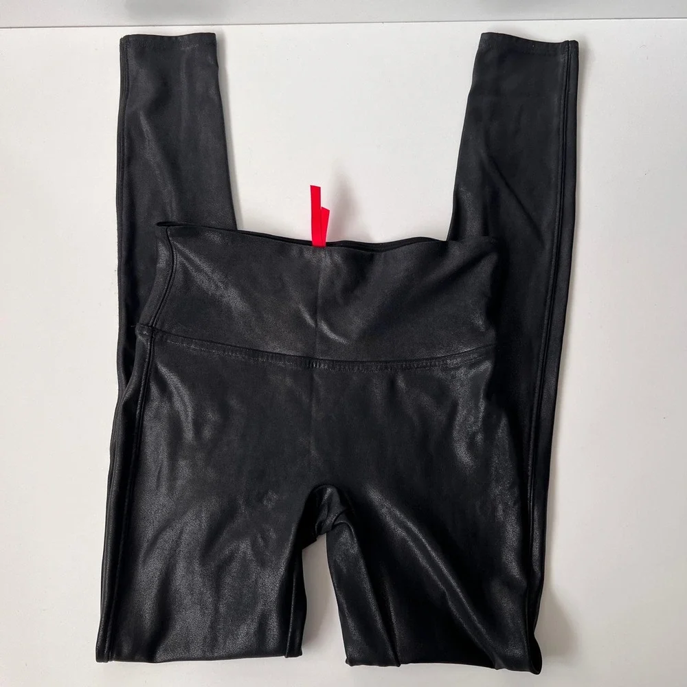 Spanx Faux Leather Leggings‎ Size Small Black Compression Shimmery Sleek Edgy